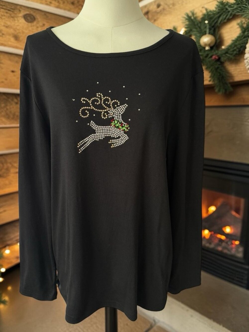 Karen Scott Long Sleeve Black Top With Embellished Reindeer-Size XL-NWT